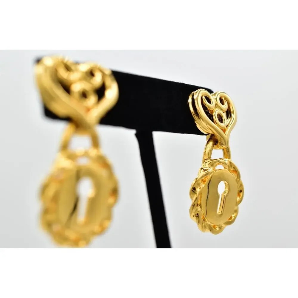 Givenchy Vintage Heart Lock Earrings Gold Tone Dangle Chunky Signed 1980s BinBK